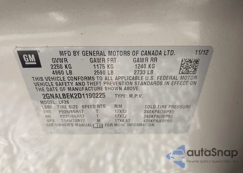 2013 Chevrolet Equinox Ls из США, поврежденный, VIN 2GNALBEK2D1190225